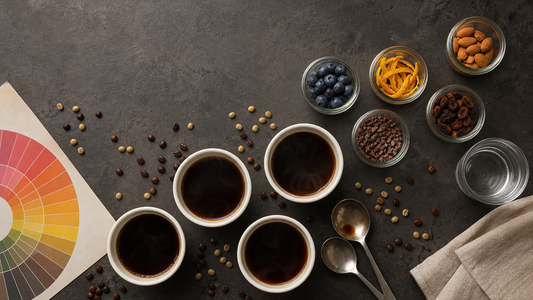 Overhead cupping flatlay with white cups, beans, aroma-reference jars and a folded color wheel chart