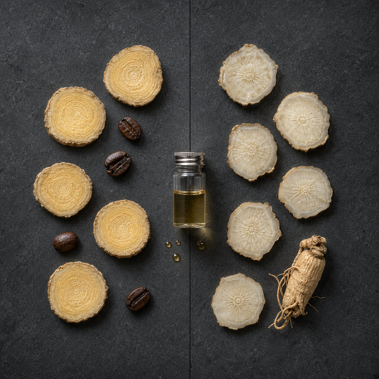 Whole Korean red ginseng root beside a dried tongkat ali root section and a small espresso on dark slate — a head-to-head adaptogen comparison.