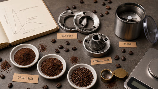 Coffee grinder parts on a dark surface: flat burrs, a conical burr, a blade grinder and dishes of fine, medium and coarse grounds.