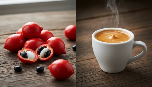 Fresh guarana seeds in open pods beside a freshly pulled espresso — exploring how guarana and coffee compare for energy.