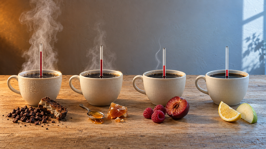Four identical cups of black coffee in a row on a wooden table, each holding a plain glass thermometer with a falling red column, steam thick then thin then a faint wisp then none, and cocoa nibs, honey, raspberries and lemon in front