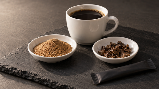 A white cup of black coffee on dark slate between two small dishes: fine pale spray-dried powder on the left, angular dark freeze-dried granules on the right, and a sealed black coffee stick alongside.