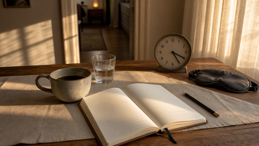 Editorial wellness desk scene about caffeine timing and sleep boundaries with coffee, evening light, a clock, and sleep notes.