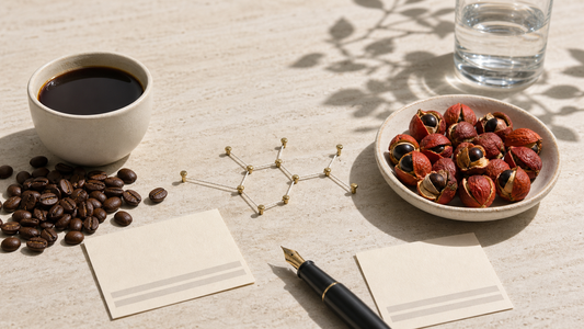 Guarana and coffee caffeine comparison still life with beans, guarana seeds, a label-reading notebook, and measured editorial wellness lighting.