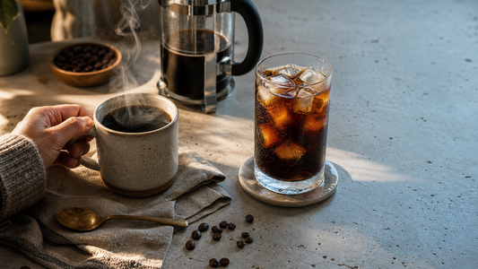 Side-by-side hot coffee and iced coffee scene with steam, condensation, beans, and warm-cool seasonal light.