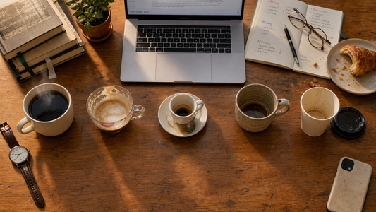 Workday coffee progression on a wooden desk with five cups, laptop, notebook, watch, books, and afternoon light.