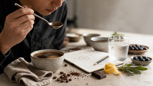 Coffee tasting practice table with cupping bowls, spoons, notebook, and flavor reference ingredients.