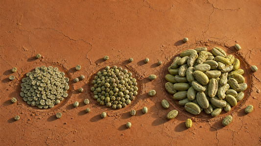Three piles of green coffee beans of different sizes: small Arabica, oval Robusta, large Liberica, on a dark surface.