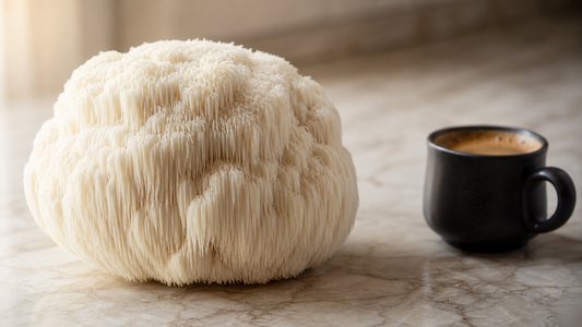 Whole Hericium erinaceus lion's mane mushroom on marble countertop beside a black ceramic cup of fresh espresso, morning kitchen window light