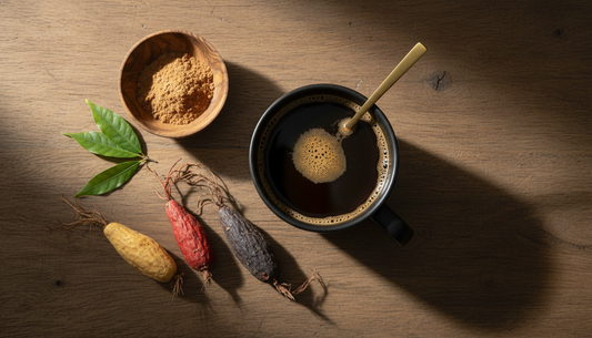 Overhead flatlay of a cup of coffee surrounded by maca root powder in a wooden bowl and three whole maca roots in yellow, red, and black varietals.
