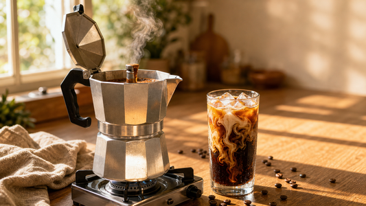 Octagonal aluminium moka pot finishing its brew on a stovetop beside an iced coffee in golden morning kitchen light.