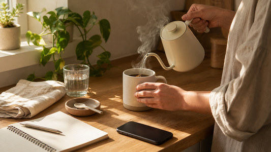 A calm morning kitchen at golden hour: hands making coffee, a notebook and face-down phone nearby as habit cues.
