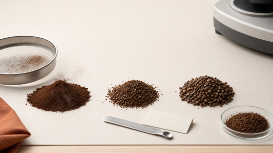 Three piles of coffee ground at different sizes — fine, medium and coarse — on a clean surface beside a test sieve and a particle-analysis instrument.