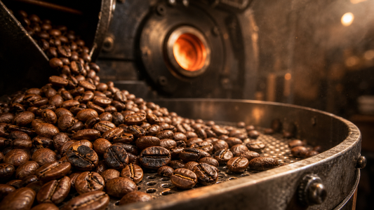 Freshly roasted coffee beans with scorched blotches and blackened tips cooling beside a glowing drum roaster