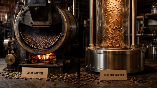 A drum coffee roaster with a flame below beside a glass fluid-bed roaster with beans floating in hot air, labelled for comparison.