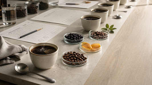 Professional coffee sensory analysis desk with cupping cups, spoons, score sheets, beans, and aroma references.