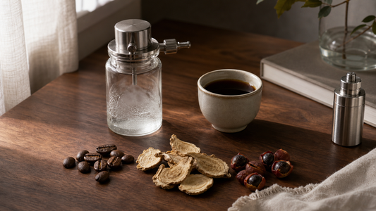 CafeBank SFE Wellness article hero showing supercritical CO2 extraction vessels, coffee, coffee beans, maca, and guarana in a warm editorial still life.