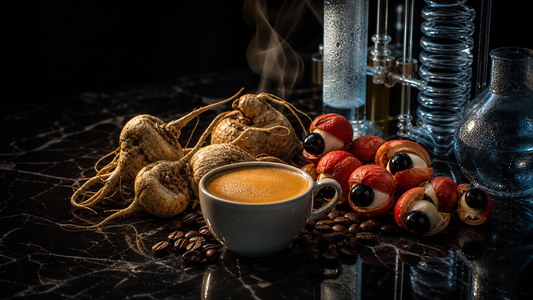 Dark moody studio still life: a rich coffee cup beside maca root, guarana seeds and a lab glass vessel.