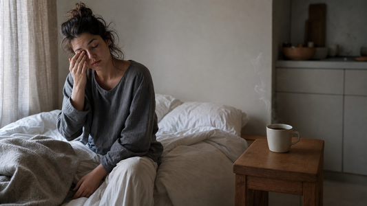 Person waking up groggy at dawn, sitting on the bed edge with an untouched steaming mug of coffee nearby.