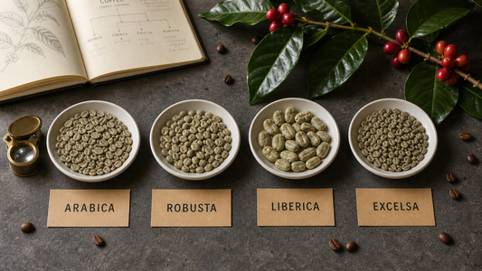 Flatlay of green coffee beans from four species: Arabica, Robusta, Liberica and Excelsa, in labelled dishes.