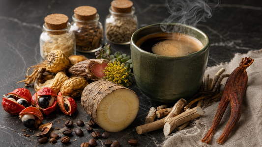 Editorial still-life of coffee with adaptogenic herbs — tongkat ali, maca, guarana, ashwagandha, rhodiola, ginseng
