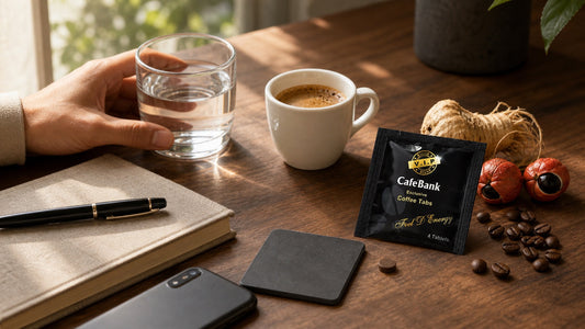 CafeBank SFE Maca & Guarana Coffee Tabs flat pouch beside espresso, water, and coffee botanicals on a morning desk.