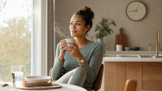 A person enjoying a warm cup of coffee in soft morning light, with a clock nearby suggesting good caffeine timing.