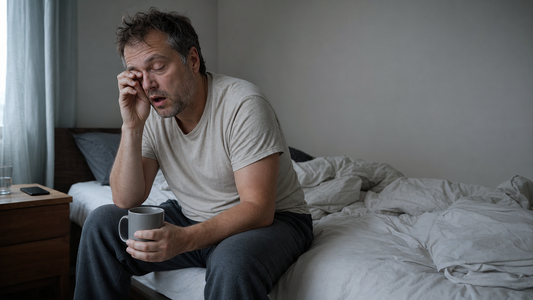 A man in his 40s sits on the edge of an unmade bed at morning, rubbing one eye, holding a mug of coffee, looking tired.
