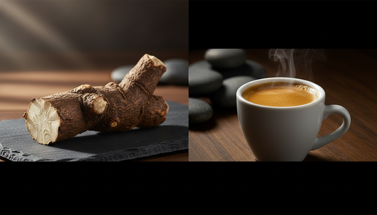 Whole tongkat ali root beside a freshly pulled espresso — a Southeast Asian botanical tradition meets modern coffee.