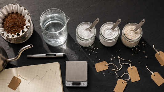 Coffee water mineralization flatlay: carafe, scale, mineral jars, TDS pen and pour-over on a dark surface.