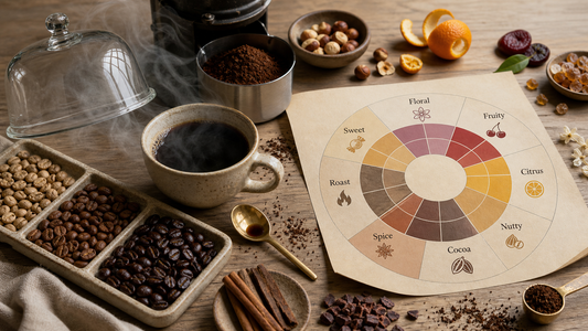 Coffee aroma workbench with roast-stage beans, steam, and an original radial sensory aroma map inspired by professional cupping education.