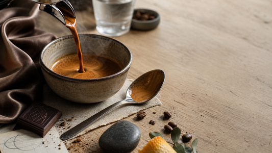 Rich espresso texture and coffee body still life with crema, spoon, ceramic, and tactile sensory references.