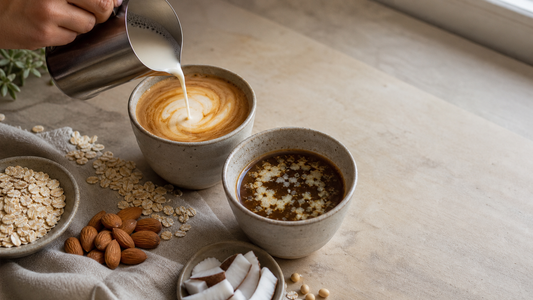 Plant-based milk and coffee comparison with espresso, milk alternatives, and natural ingredient cues in a barista test setting.
